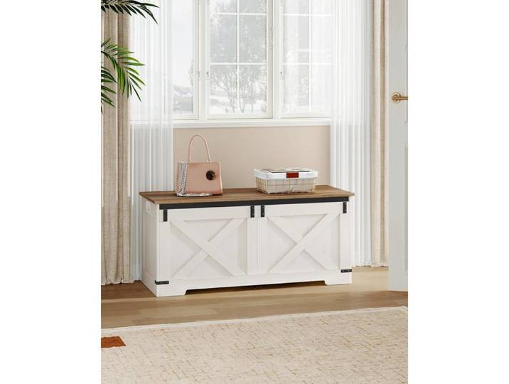 Banc de Rangement 109 cm Meuble pour Entrée avec 2 Charnières Stables Banc à Chaussures pour Couloir Chambre Salon Blanc Marron