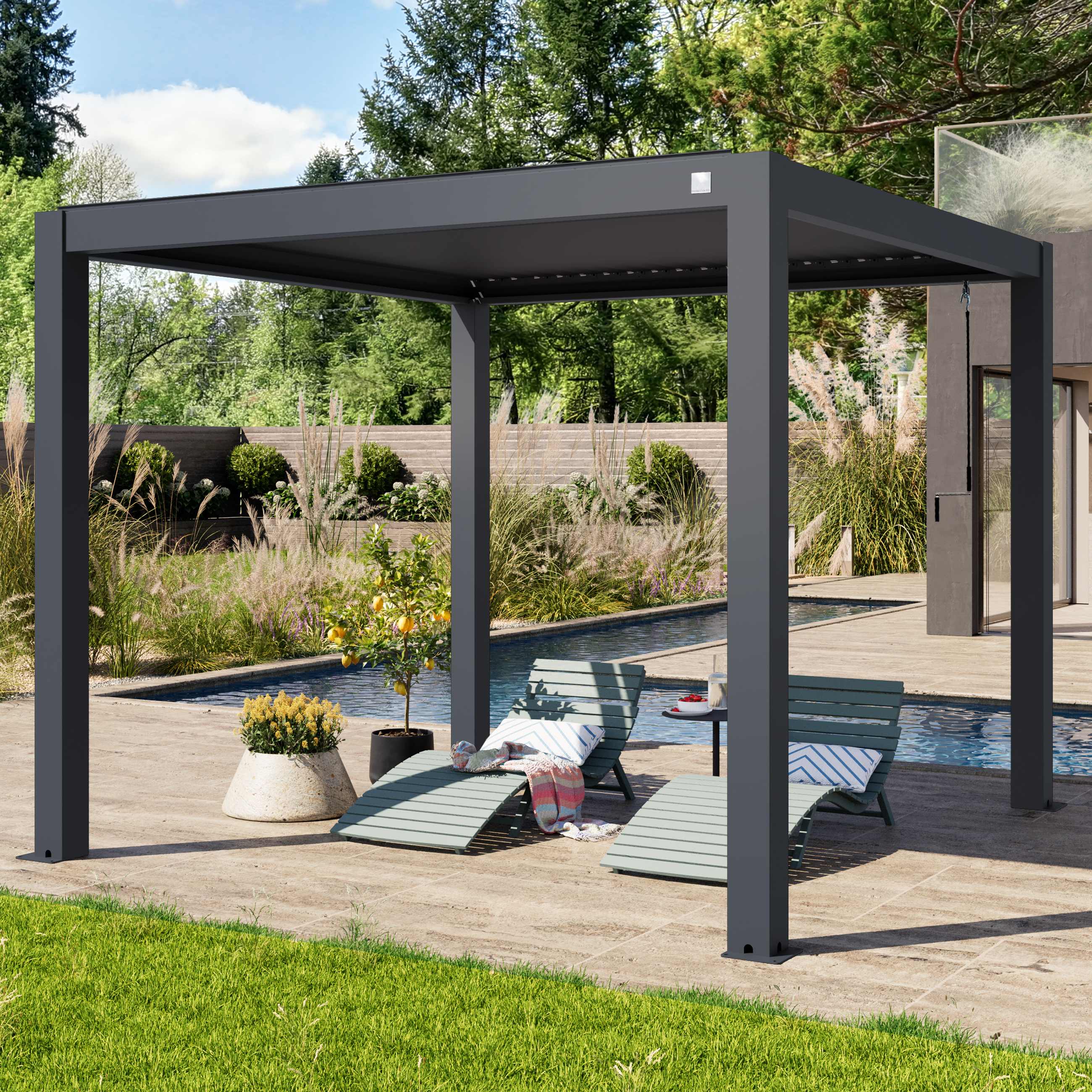 PRIMEYARD 10x10 ft Pergola, Aluminum Louvered Roof, Anthracite - (400125)
