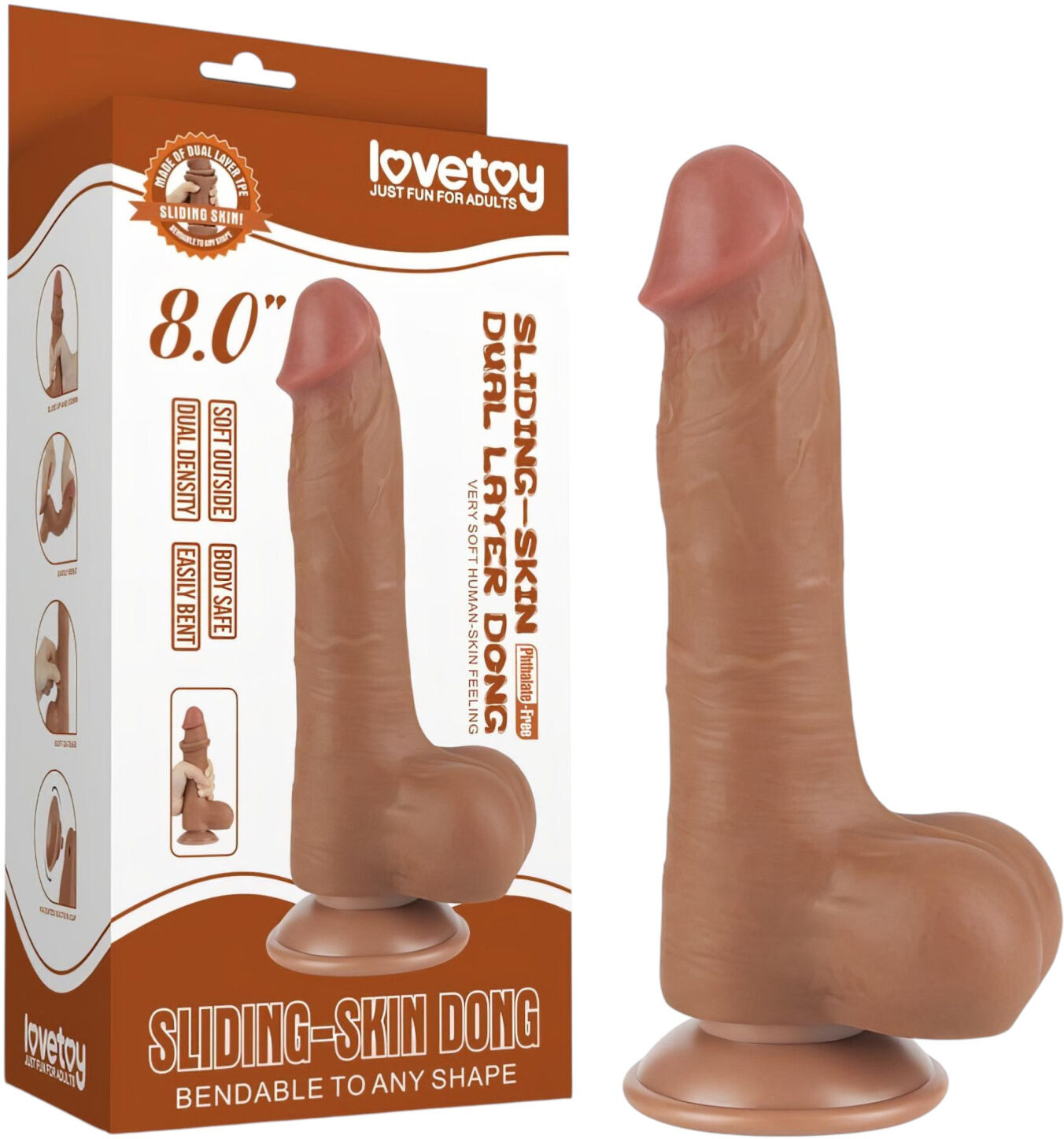 Lovetoy Sliding-Skin - Dual Layer Dildo with Scrotum - 8.2" (Dark Natural)
