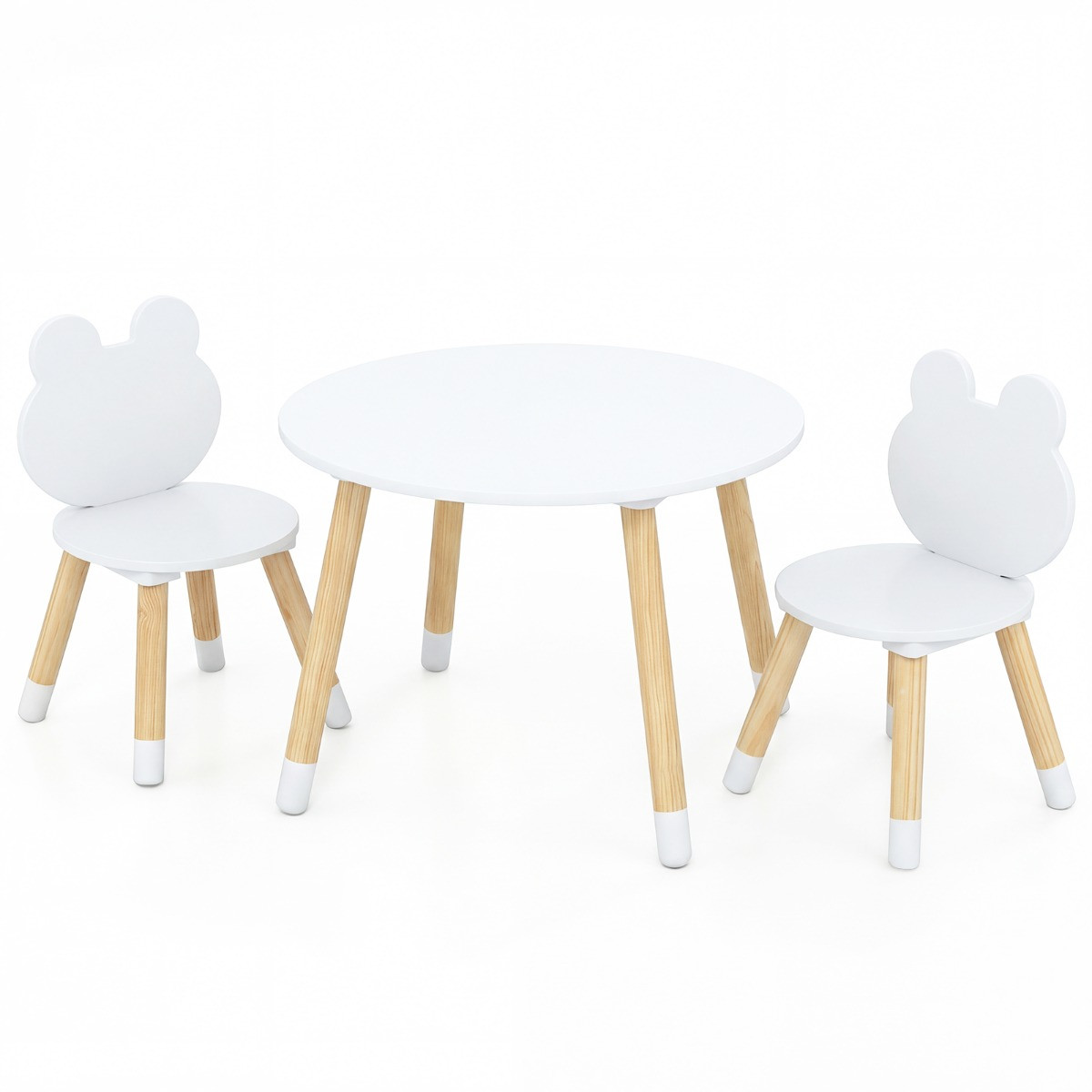 Costway Kindertafelset met 2 Kikkervormige Stoelen en Houten Poten - Wit