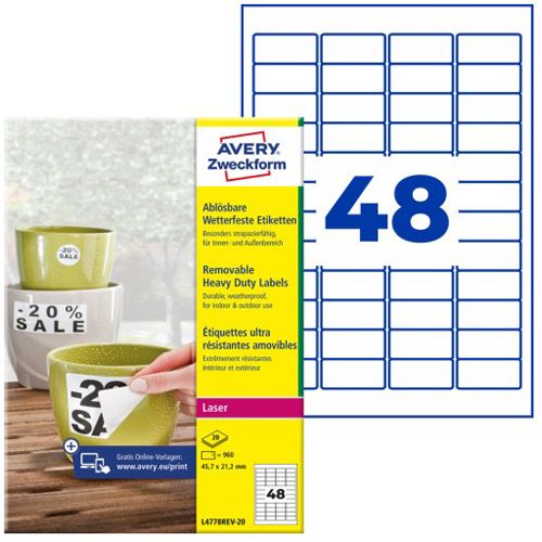 AVERY Zweckform 960 wetterfeste Folienetiketten L4778REV-20 weiß 45,7 x 21,2 mm
