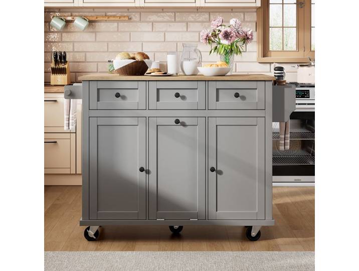 Îlot de cuisine à roulettes coin repas extensible avec tiroirs îlot de cuisine mobile gris