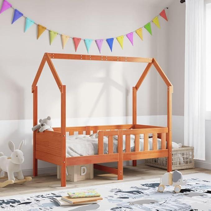 Hausbett für Kinder aus Kiefer 70x140 cm in Wachsbraun mit Seitengittern und offener Dachstruktur für Stauraum und individuelle Gestaltung