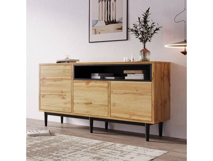 Buffet Salon Bas - 3 portes et 2 compartiments - en bois avec 6 étagères - 160x35x76cm - naturel