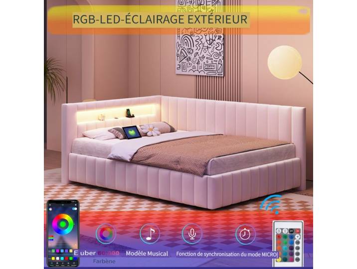 Canapé-lit - LANGTU - Modèle L - 140x200 cm - Velours beige - LED & port USB
