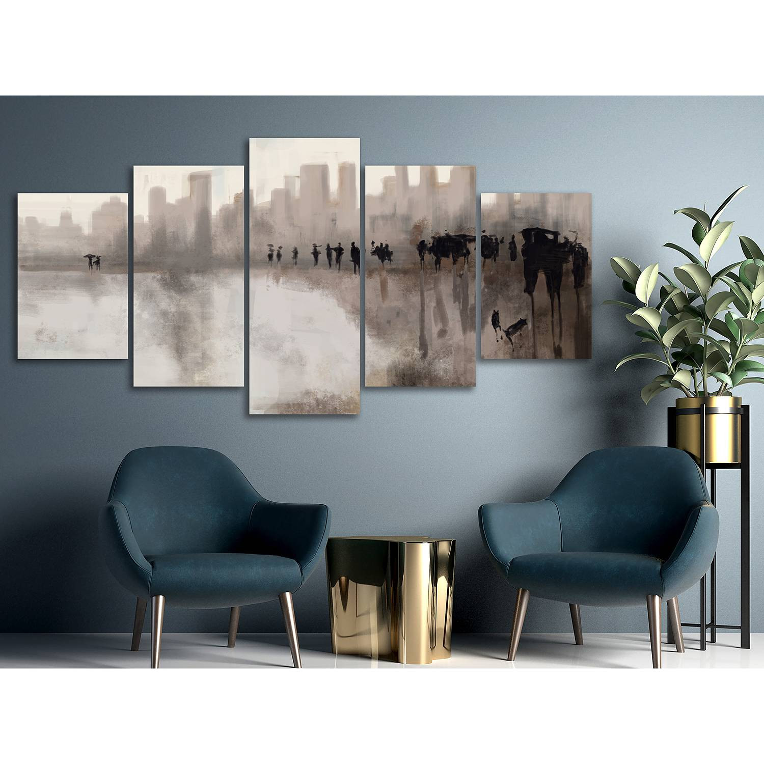 home24 City in the Rain 5-delig canvas wanddecoratie grijs 200 x 100 cm