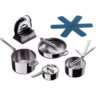 Topf-Set JOSEPH JOSEPH "Space Steel 5-tlg. Edelstahl-Kochgeschirrset mit Klappgriffen", silber (silberfarben), Töpfe, Griff einklappbar, stapelbar
