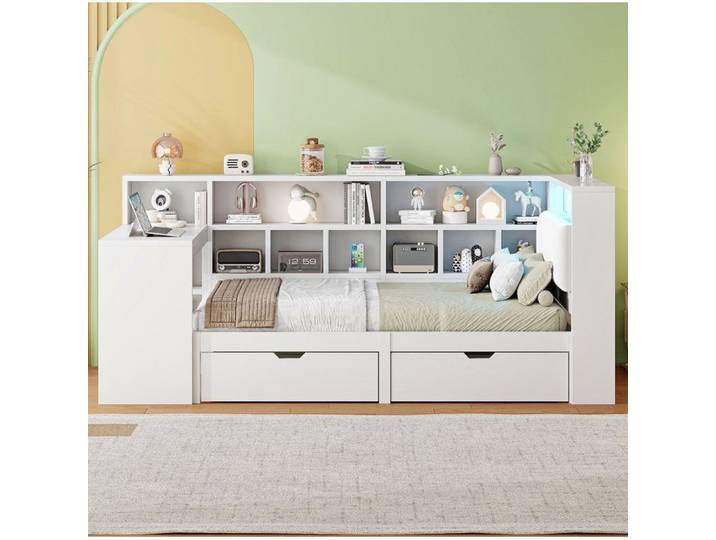 Lit combiné en L 90x200 cm blanc avec bureau bibliothèque ouverte 2 tiroirs tête de lit LED et USB