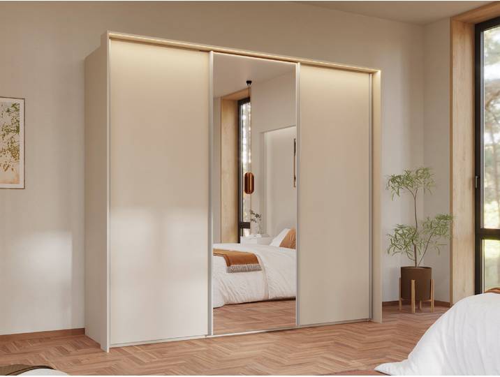 Armoire 3 portes coulissantes dont 1 miroir Taro Champagne - Basika