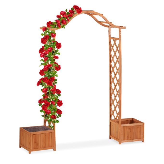 Relaxdays Houten rozenboog met 2 plantenbakken en rankhulp, Oranje, H 209 x B 181 x D 60 cm