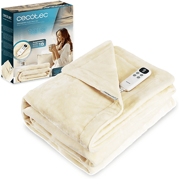 Manta eléctrica - Cecotec HeatConfort Calma (180 x 130), 115 W, 180 130 cm, 10 niveles, temporizador, Tecnología PTC + NTC, Crema