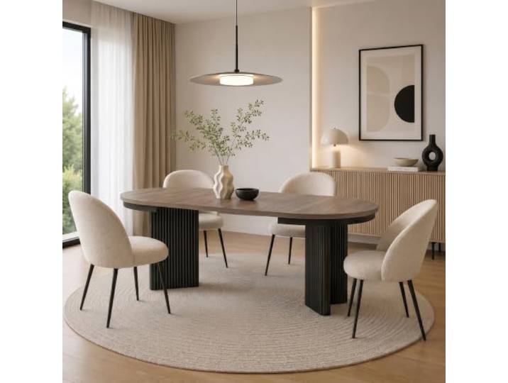 BEAUTY SOFA Esstisch Prestige ausziehbar 100–180 cm, runder Esstisch Ø 100 cm mit 2 Einlegeplatten, geriffelter Designfuß, laminierte Tischplatte, Walnuss + Schwarz