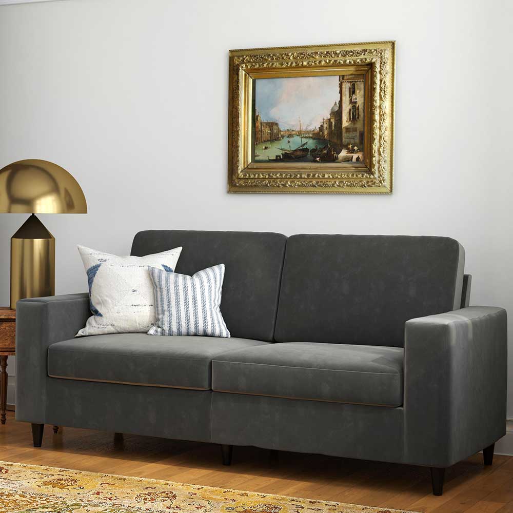 Pharao24.de Sofas Dreisitzer in Grau Samt Retrostil Rücken echt bezogen