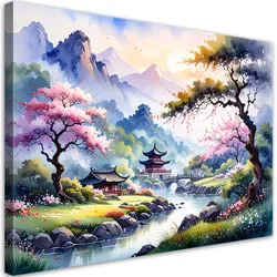 LEINWANDBILD, Japanische Pagode Pastelllandschaft