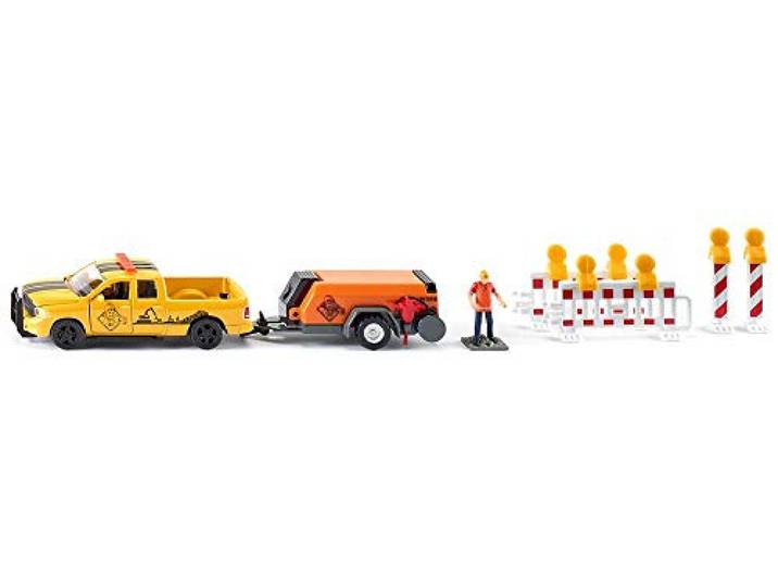siku 3505, RAM 1500 Pick-Up with Compressor Trailer, 1:50, Metal/Plastic, Yellow/Orange, Incl. barriers and toy figure