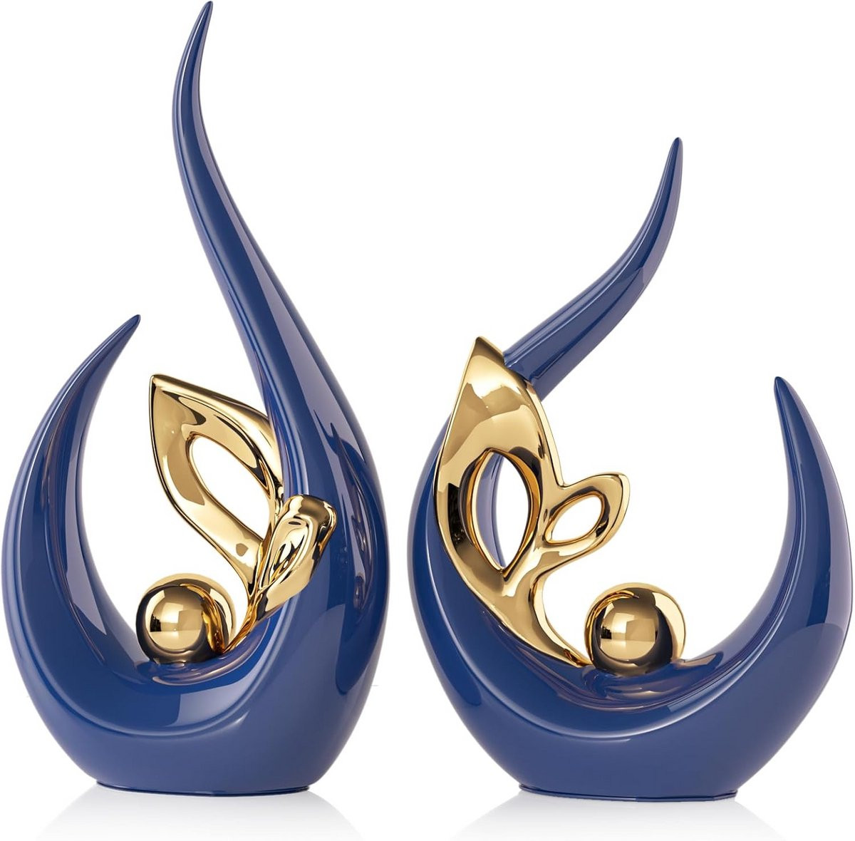 Set van 2 Abstracte Keramische Beelden Blauw - Moderne Woondecoratie Sculpturen voor op tafel