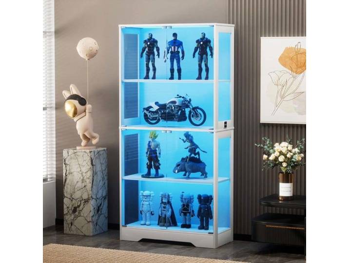 Vitrine en verre - Blanc - 4 étagères - Éclairage LED & capteurs intelligents - Laqué MDF 80x35x165 cm