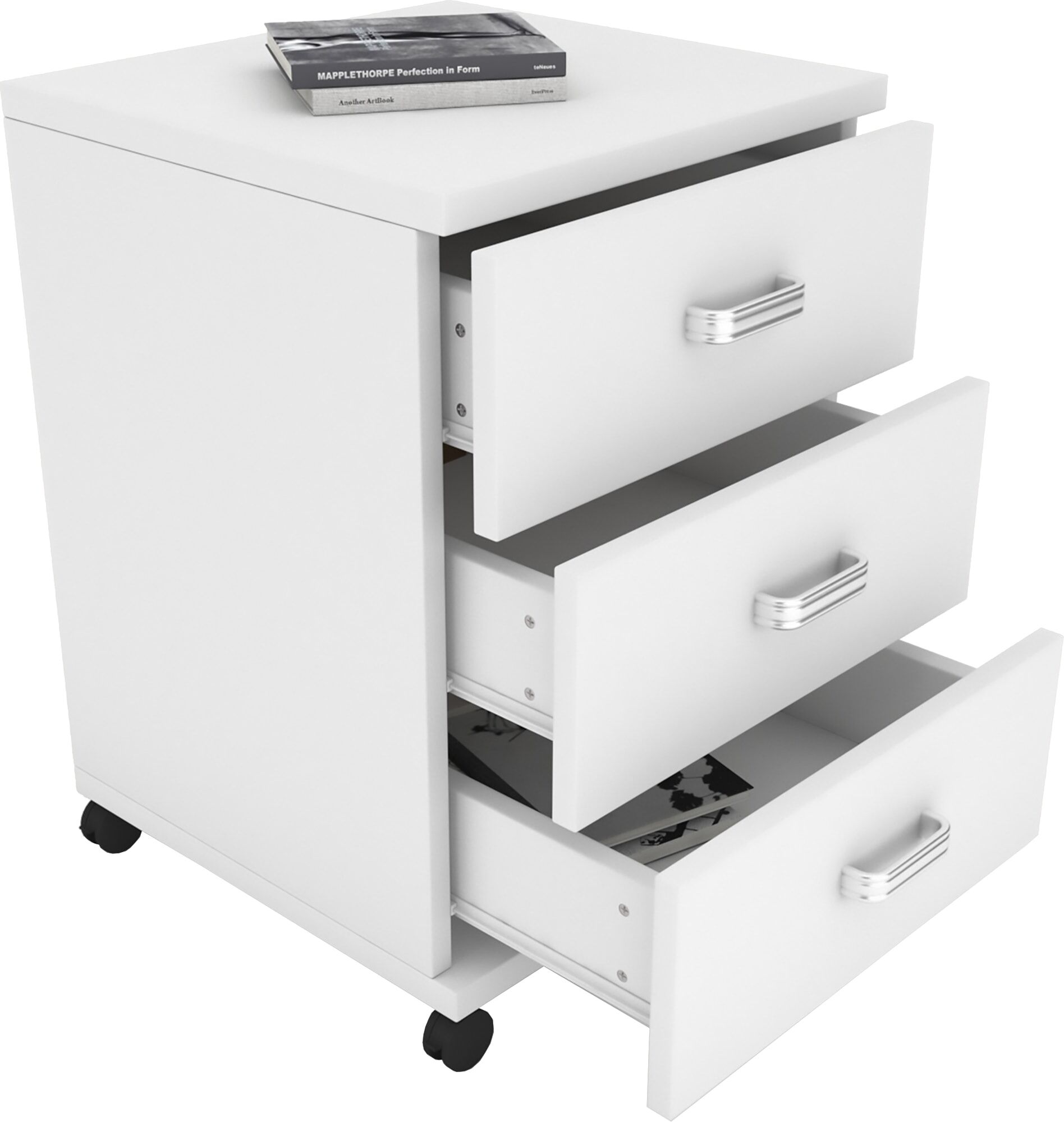 Rollcontainer VCM "Holz Rollcontainer Bürocontainer Schublade Tobila", weiß, B:45cm T:44cm, Obermaterial: 100% Holz Wood., Rollwagen, Rollcontainer