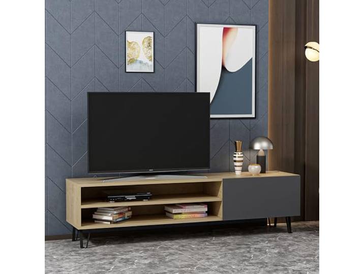 Hanah Home Stylish TV Stand with Wall-Mount Option, Oak & Anthracite, 160 cm x 37.4 cm x 47 cm 100% Melamine Coated, 18 mm Thick Ample Shelving for Modern Living