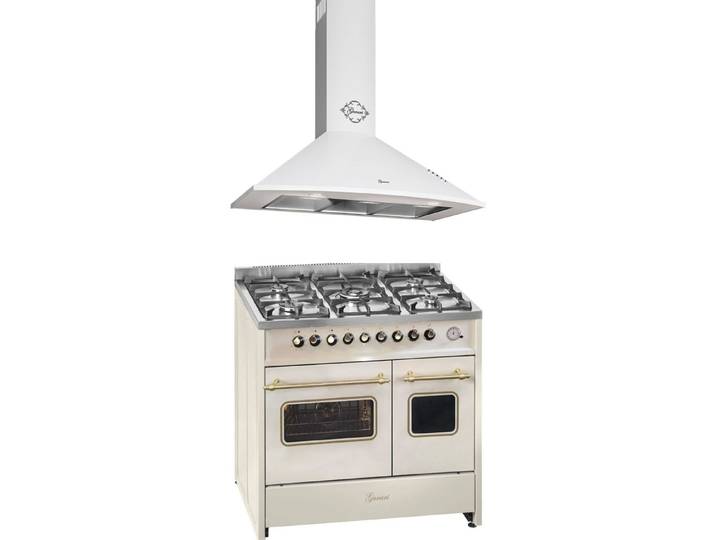 GURARI Gas-Standherd Retro-Design Creme Gas Elektro Standherd 90 cm Range Coocker+Dunstabzugshaube 90 cm GCH E 916 Cr R+GCH 046 WH 9, mit 1-fach-Teleskopauszug