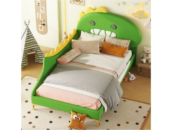 Lit enfant - MAISENTIEL - dinosaure - 90 x 200 cm - Vert - Sommier 12 lattes