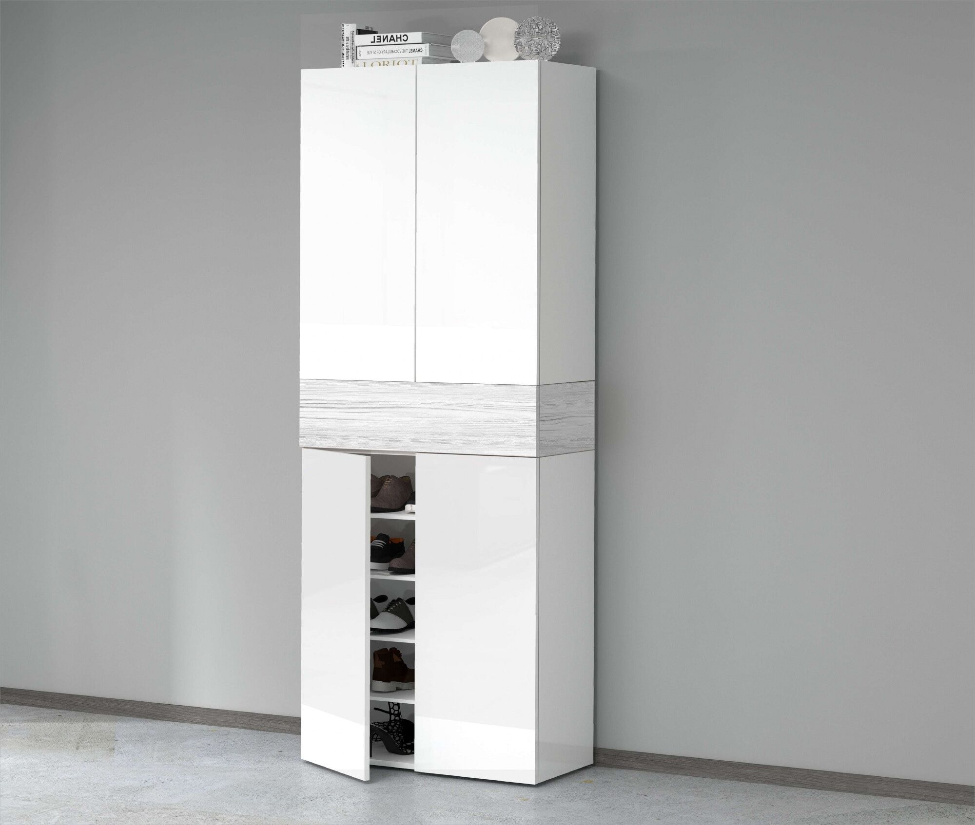 Schuhschrank HOME AFFAIRE "Savona", weiss (weiß hg, lärche weiß), B:76cm H:200cm T:35cm, Holzwerkstoff, Schränke, Schuhschrank weiß hg, lärche weiß weiss/lärche weiss, B/H/T: 76cm x 200cm x 35cm, Türen: 4 Stk.
