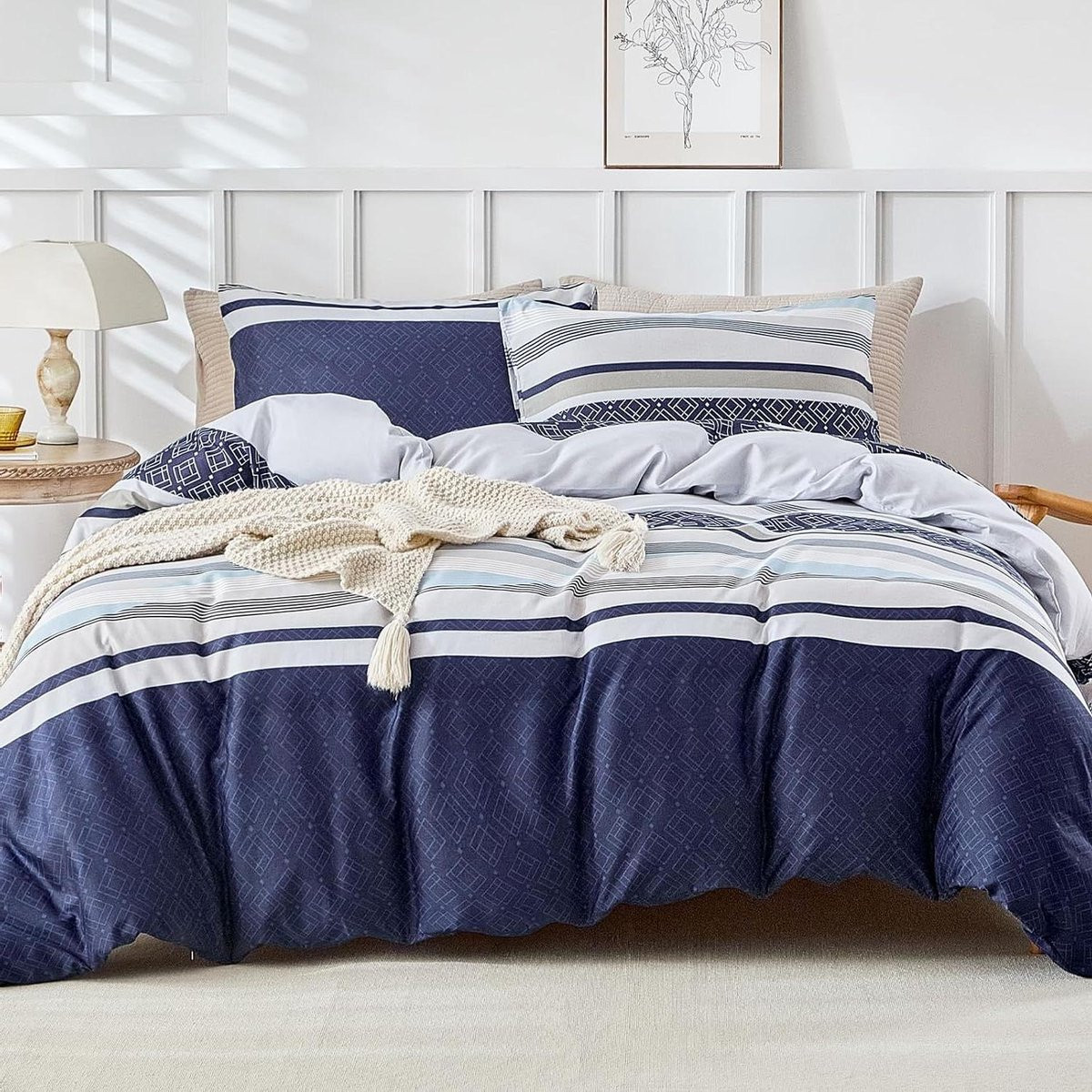 Dekbedovertrek Set in Boho Stijl - Blauw Wit - Zachte Microvezel - 260 x 240 cm