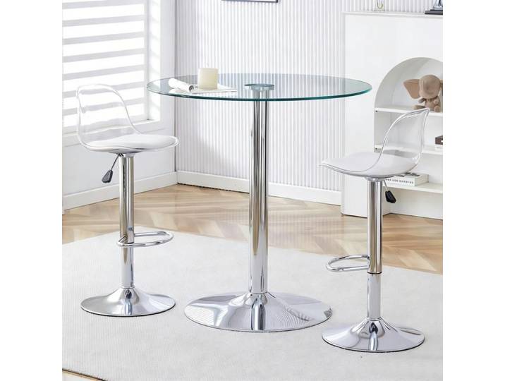 Ensemble table et chaises de bar - ZEVKOR - Table verre ronde Ø89 cm - Plateau verre transparent - 2 tabourets pivotants réglables