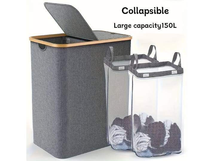 Panier à linge pliable 150L, avec deux sacs à linge amovibles extensibles, poignées en bambou, panier à linge étroit, gris clair.