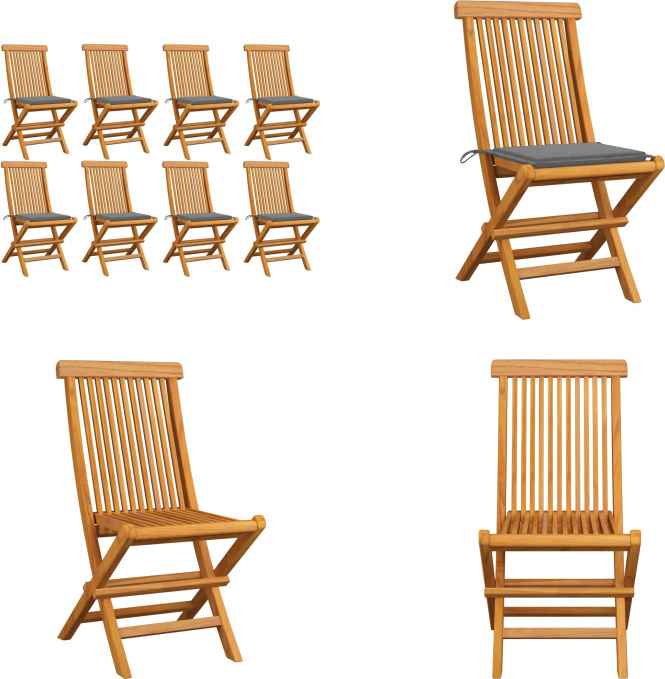 vidaXL Gartenstühle mit Grauen Kissen 8 Stk. Massivholz Teak - Gartenstuhl - Gartenstühle - Holz-Gartenstuhl - Holz-Gartenstühle
