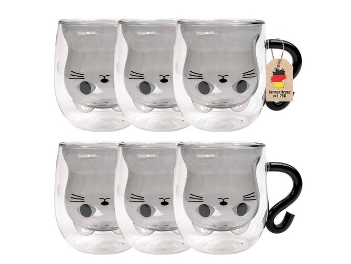 Intirilife Thermo Gläser Design Katze 200ml (6-tlg.), Schwarz, Glas, 0.2 L, doppelwandig, Gläser, Gläsersets