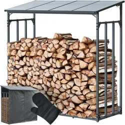 DELUKE® Kaminholzregal Außen mit Dach ELOS 182x70x185cm Metallrahmen, Inkl. Ofenhandschuh Brennholzregal außen Brennholzunterstand Kaminholzunterstand