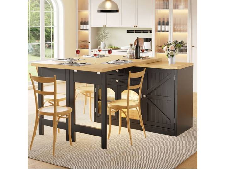 Îlot central de cuisine extensible - pivotant à 360° - rangements intégrés - portes vitrées - noir