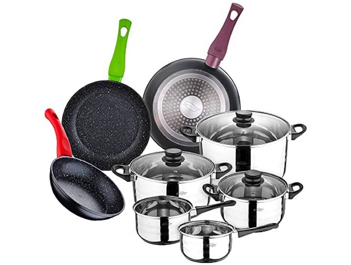 Kochtopf-Set, 8-teilig, SAN, Edelstahl, mit Pfannen-Set (18,22 und 26 cm) aus gepresstem Aluminium, Induktion