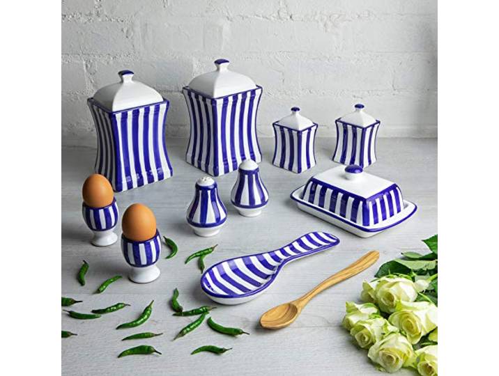 City to Cottage® - Keramik Geschirr Set 10-teilig Blau-Weiß gestreift Handgemacht Behälter Küche, Butterdose, Eierbecher, Salzstreuer und Pfefferstreuer, Löffelablage