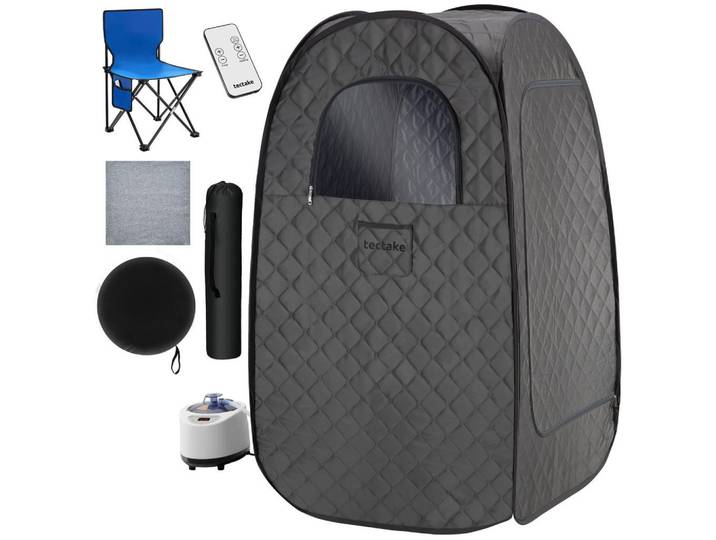 tectake Mobile Dampfsauna Thermaluxe I, inkl. Fernbedienung, Matte, Klappstuhl und Tragetaschen, dunkelgrau/schwarz, Dunkelgrau, Schwarz, Kunststoff, Freiform, 84x145x84 cm, Freizeit & Co, Wellness & Gesundheit, Sauna