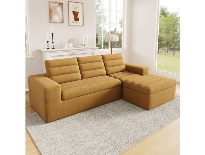 Canapé d'angle modulable 4 places avec pouf - ELVMI - sans cadre chenille assise en mousse orange