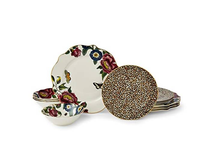 Spode x Creatures of Curiosity 12-teiliges Tafelservice – luxuriöses Mix-and-Match-Geschirr mit Blumen- und Leopardenmuster, verziert mit exquisiten 22-karätigen Golddetails