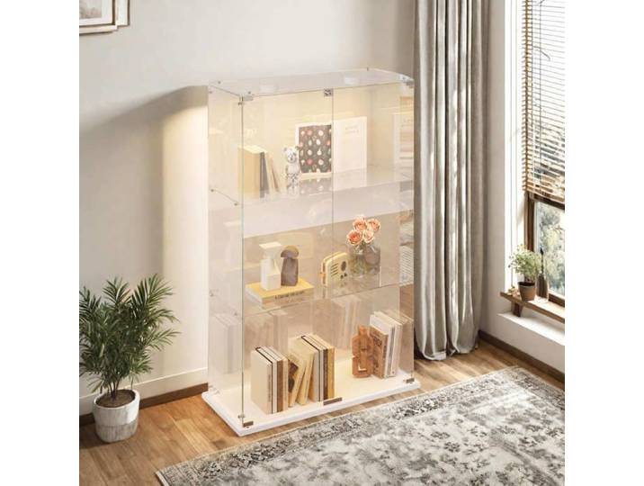 Vitrine verre présentoir 3 niveaux à double porte éclairage réglable verre trempé base blanc 78.5x35x123.3 cm