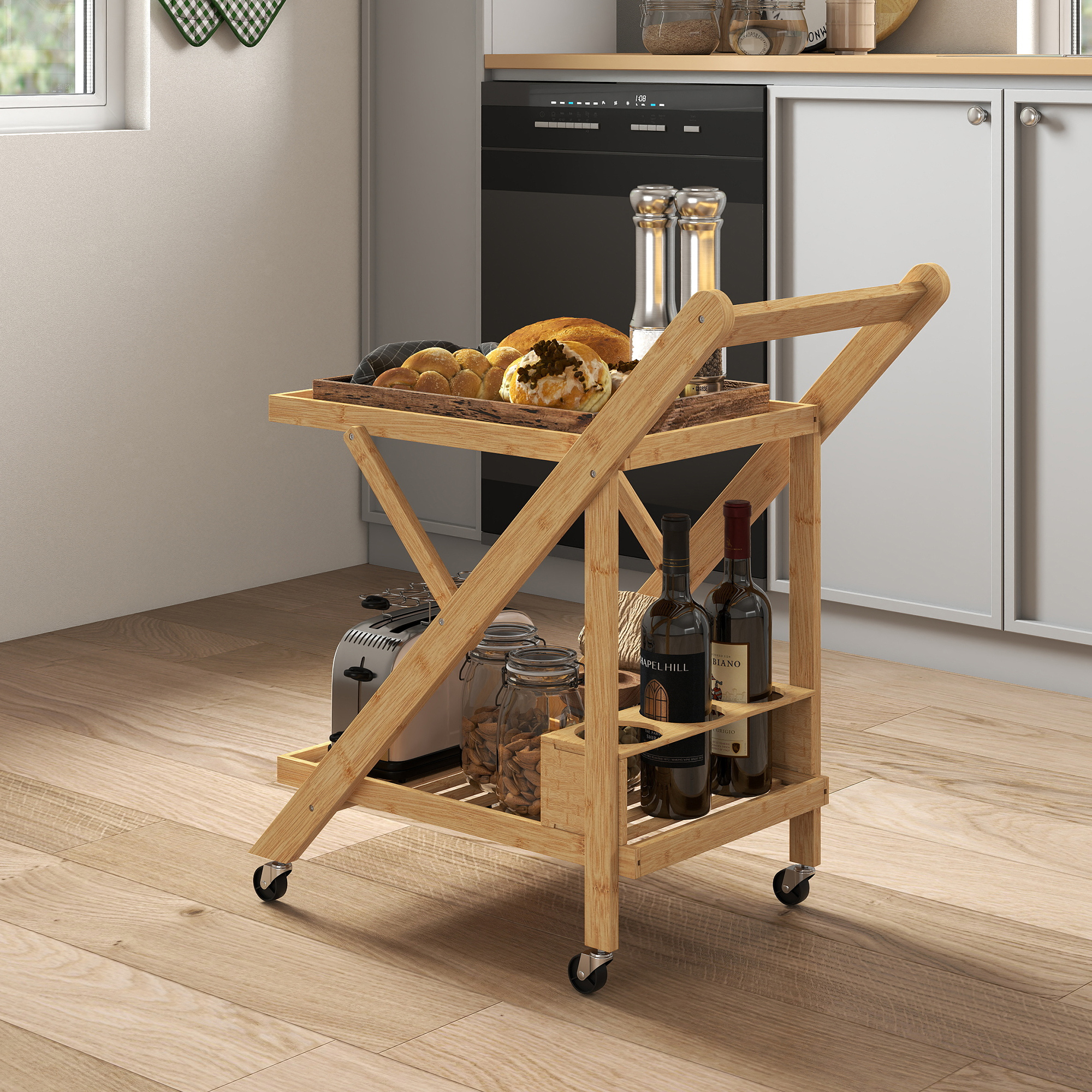 Homcom Carrello da Cucina Portavivande Pieghevole a 2 Livelli con Portabottiglie in Legno di Bambù