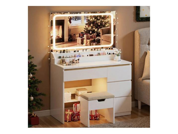 Furnicopia Schminktisch Mit dreifarbiger LED-Beleuchtung, Abmessungen 80 × 40 × 137 mm (Helligkeit einstellbar, mit vier Schubladen und sechs Staufächern, zwei USB-Ladeanschlüssen, zwei Steckdosen und einer Haartrocknerhalterung, in modernem Stil)