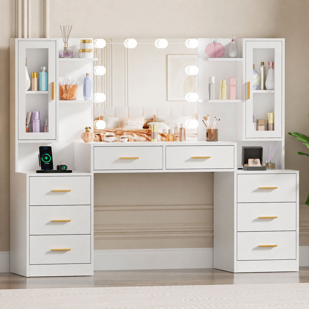 Canora Grey Elowen Dressing Table with Mirror，Modern Makeup Vanity Set for Bedroom White 135cm H X 150cm W X 40cm D