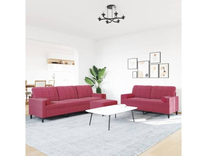 KTHLBRH 3-teiliges Sofa-Set aus Samt in Weinrot mit Kissen 2 + 3-Sitzer-Sofa, Fußstütze inklusive, Metallrahmen, Schaumstoff, 4 Kissen