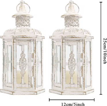 Uplift Curations Vintage Nordic Black Iron Candle Lantern Hanging Decorative Lantern For Home & Wedding Decor 2pcs White
