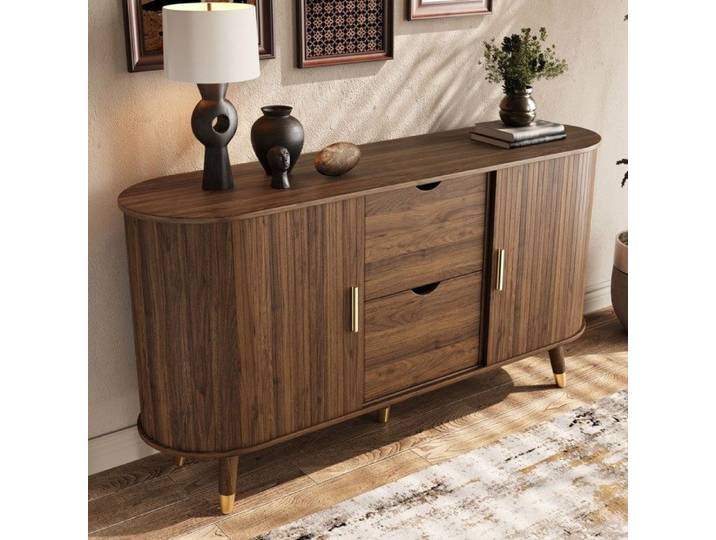 Buffet bas AESVAR noyer 2 portes coulissantes 2 tiroirs coins arrondis pieds en bois massif