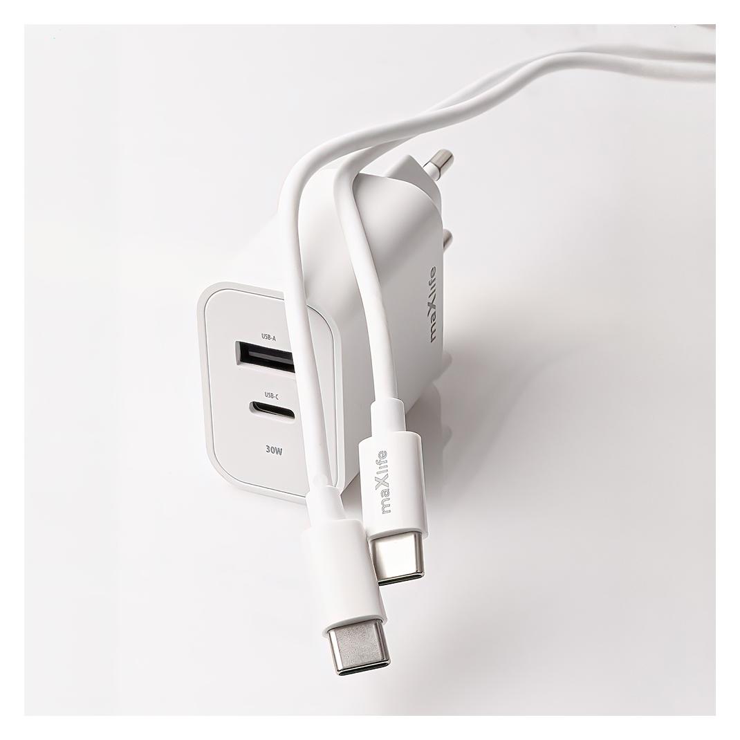 Maxlife MXTC-06 PD QC Ladegerät 1x USB-C 1x USB 30W weiss + USB-C - USB-C Kabel 20W (30 W, 2 Ports) (47044833)