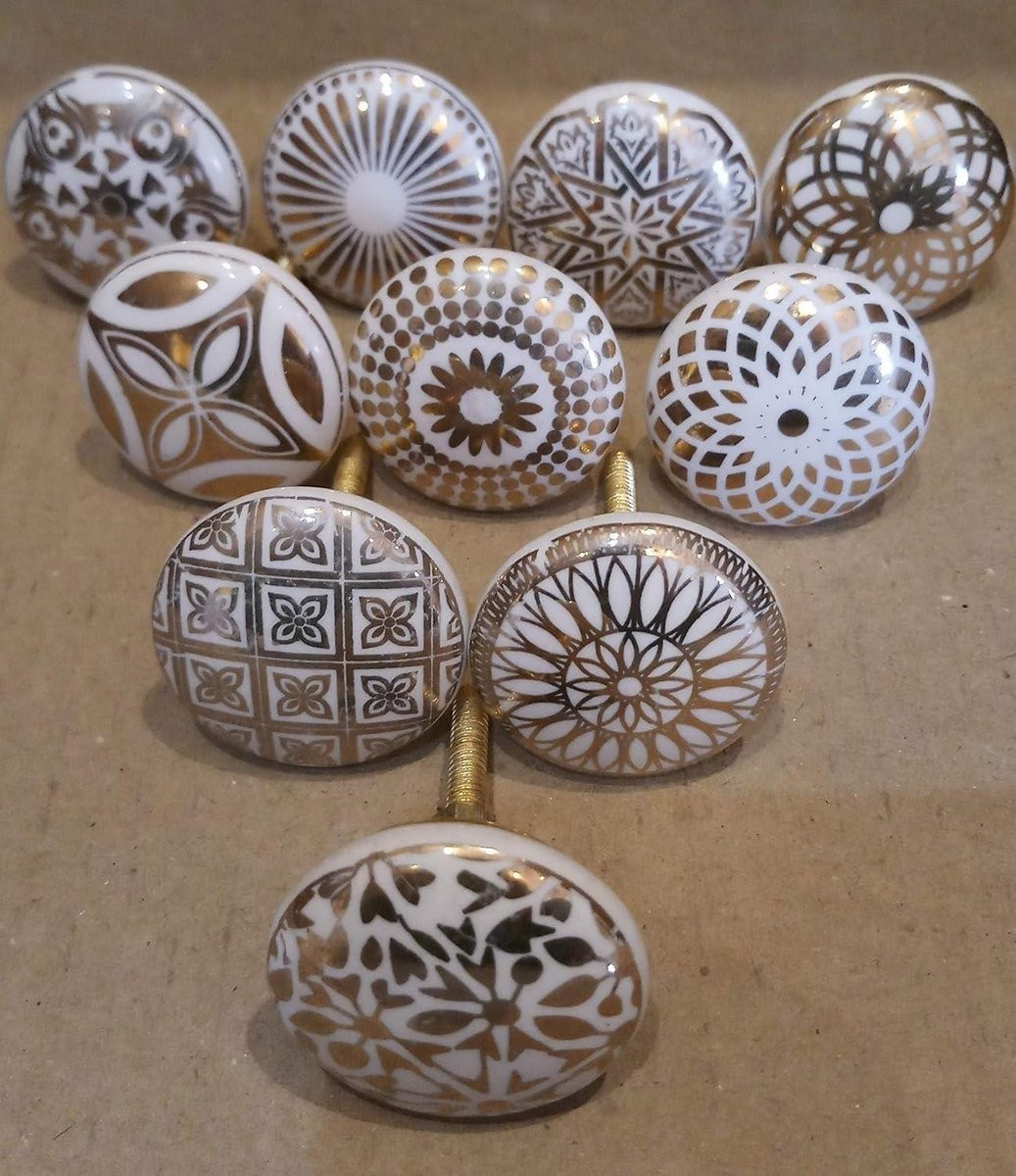 QPFO Keramische Meubelknoppen Set van 10 stuks - Vintage Bloem Design - Goud Wit Crème - Kastknoppen en Ladeknoppen