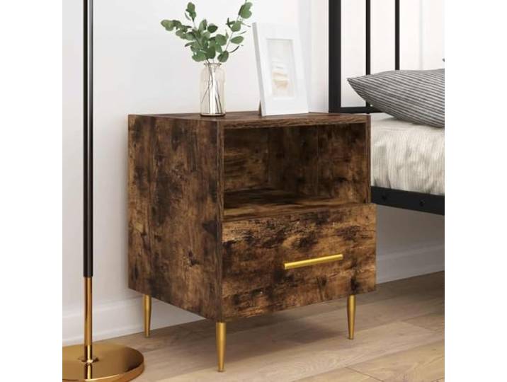 KTHLBRH Nachttische 2 Stück Eiche Rauchgrau 40 x 35 x 47,5 cm Holz Mit Fach und Schublade, viel Stauraum, Metallfüße, stabil und robust