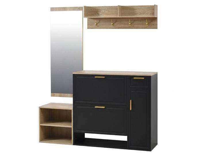 Un ensemble de dressing quatre pièces comprenant un meuble à chaussures un banc un porte-manteau mural et un miroir.