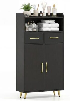 Costway Bathroom Storage Cabinet Freestanding Floor Cabinet with 2 Drawers and 2 Doors-Black